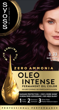 Opakowanie farby Syoss Oleo Intense 3-33 Rich Plum. Kobieta z fioletowymi włosami, złote detale, zero amoniaku.