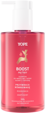 YOPE Boost My Hair szampon do wrażliwej skóry, różowa butelka z złotym logo jelenia, widok z przodu.