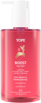 YOPE Boost My Hair szampon do wrażliwej skóry, różowa butelka z złotym logo jelenia, widok z przodu.
