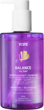 YOPE BALANCE normalizing shampoo for oily scalp with PHA acids, purple bottle with white pump, front view.