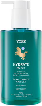YOPE Hydrate my hair szampon z peptydami i adaptogenami, turkusowa butelka, widok z przodu.