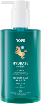 YOPE Hydrate my hair szampon z peptydami i adaptogenami, turkusowa butelka, widok z przodu.