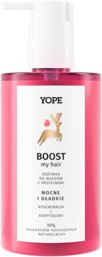 Yope Boost My Hair odżywka z proteinami w różowej butelce, widok z przodu, biała etykieta, złoty jeleń.