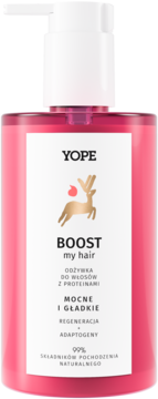 Yope Boost My Hair odżywka z proteinami w różowej butelce, widok z przodu, biała etykieta, złoty jeleń.