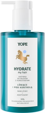 Turkusowa odżywka do włosów YOPE HYDRATE my hair z humektantami, butelka z białą pompką, widok z przodu.