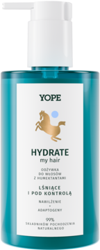 Turkusowa odżywka do włosów YOPE HYDRATE my hair z humektantami, butelka z białą pompką, widok z przodu.
