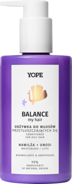 Fioletowa butelka YOPE Balance my hair odżywka do włosów przetłuszczających się, z białą pompką, nawilża i unosi.