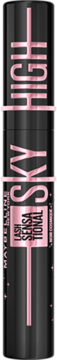 Czarny tusz do rzęs Maybelline Lash Sensational Sky High Cosmic Black, z różowym napisem, widok z przodu.