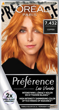 Opakowanie farby L'Oréal Préférence Les Vivids 7.432 Copper, z rudowłosą modelką, dla intensywnego koloru.