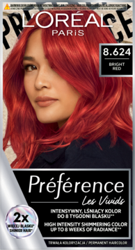 Przednie opakowanie farby L'Oréal Préférence Les Vivids 8.624 Bright Red z portretem kobiety o lśniących włosach.