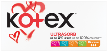Opakowanie Kotex ULTRASORB: czarno-czerwone logo, tekst 0% przecieków, 16 normalnych podpasek, białe tło.