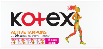 Kotex Active Tampons, 16 Super, z gwarancją 0% wycieków, dla komfortu w ruchu, z sylwetką biegaczki.