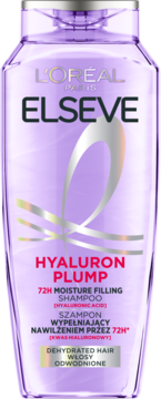 Fioletowa butelka szamponu L'Oréal Elseve Hyaluron Plump do włosów odwodnionych, widok z przodu.