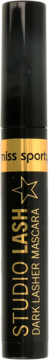 Czarna tuba tuszu do rzęs miss sporty STUDIO LASH DARK LASHER MASCARA ze złotym napisem i gwiazdą, widok z przodu.