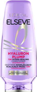 Fioletowa butelka L'Oréal Elseve Hyaluron Plump 72H Hydra-Sealing Conditioner do włosów odwodnionych, widok z przodu.