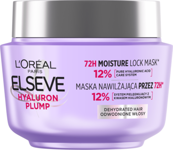 L'Oréal Elseve Hyaluron Plump maska nawilżająca 72H w fioletowym słoiku ze srebrną pokrywką, widok z przodu.