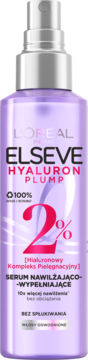 L'Oréal Elseve Hyaluron Plump nawilżające serum w fioletowej butelce z pompką, widok z przodu.