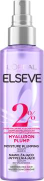 L'Oréal Elseve Hyaluron Plump serum do włosów odwodnionych, fioletowa butelka z atomizerem, widok z przodu.