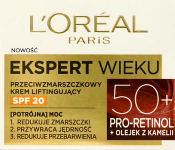 L'Oréal Paris Ekspert Wieku 50+ SPF 20 przeciwzmarszczkowy krem liftingujący, widok frontu opakowania.