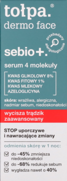 Tołpa dermo face sebio+ serum na trądzik, turkusowe opakowanie z białymi napisami, z przodu widać składniki.