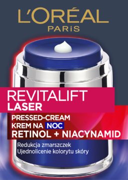 L'Oréal Paris Revitalift Laser Pressed-Cream, krem na noc z retinolem i niacynamidem, w granatowym słoiczku z białym aplikatorem.