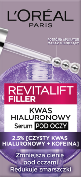 L'Oréal Revitalift Filler serum pod oczy. Fioletowe opakowanie z aplikatorem chłodzącym, kwas hialuronowy.