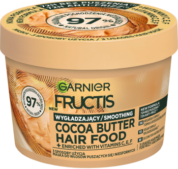 Beżowa maska Garnier Fructis Cocoa Butter Hair Food w słoiku, wygładzająca do włosów niesfornych, widok z przodu.