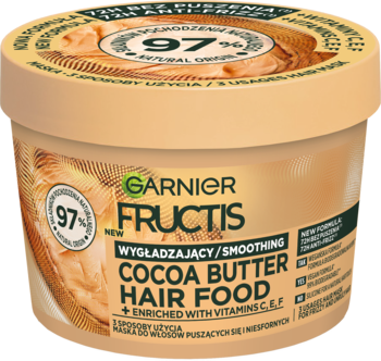 Beżowa maska Garnier Fructis Cocoa Butter Hair Food w słoiku, wygładzająca do włosów niesfornych, widok z przodu.