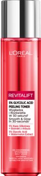 L'Oréal Paris Revitalift 5% Glycolic Acid Peeling Toner, w przezroczystej czerwonej butelce z srebrną nakrętką, widok z przodu.