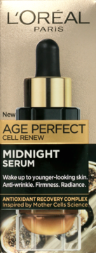 L'Oréal Age Perfect Cell Renew Midnight Serum, butelka z czarną pipetą w złotym kartoniku, widok przód.