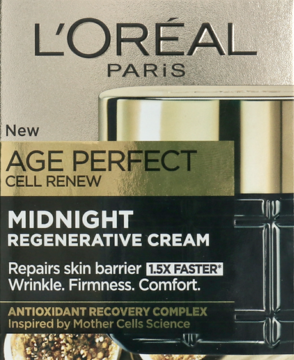 L'Oréal Age Perfect Cell Renew Midnight Regenerative Cream, czarne pudełko ze złotem, widok z przodu.