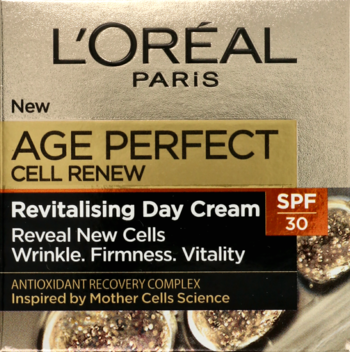 L'Oréal Age Perfect Cell Renew Revitalising Day Cream SPF 30, złote pudełko z napisem "Reveal New Cells", widok z góry.