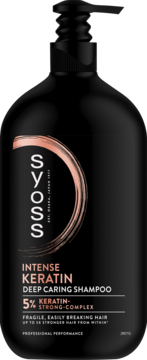Czarna butelka szamponu Syoss Intense Keratin do włosów łamliwych, z pompką, widok z przodu. Napisy biało-pomarańczowe.