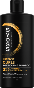 Czarny szampon Syoss Intense Curls z 3% Panthenol-Moisture-Complex dla falowanych, kręconych włosów, widok z przodu.