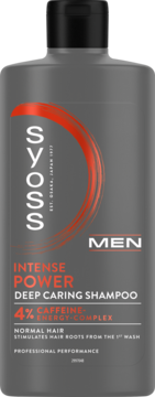 Szampon Syoss Men Intense Power Deep Caring, ciemnoszara butelka, 4% Caffeine-Energy-Complex, widok z przodu.