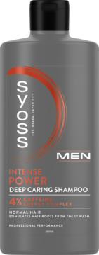Szampon Syoss Men Intense Power Deep Caring z 4% kofeiną do normalnych włosów, szara butelka, widok z przodu.