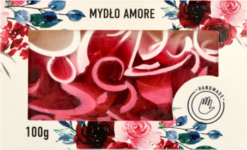 Mydło Amore, ręcznie robione, 100g. Kremowe pudełko z kwiatami, widoczne czerwono-różowe wzorzyste mydło.