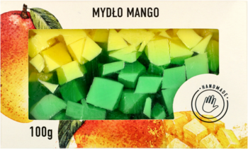 Opakowanie ręcznie robionego mydła Mango z przezroczystym okienkiem, ukazującym nieregularne, żółto-zielone kawałki.