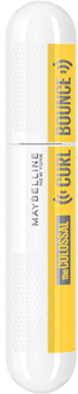Maybelline The Colossal Curl Bounce mascara, biała podłużna tubka z żółtą etykietą i czarnym tekstem. Pionowy widok.