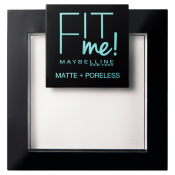 Matujący puder Maybelline Fit Me! Matte + Poreless w czarnej kwadratowej kasetce z białą zawartością.