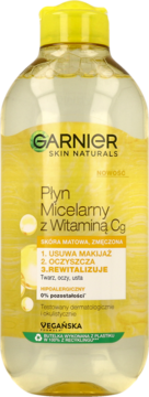 Płyn micelarny Garnier z Witaminą Cg, przezroczysta butelka z żółtą zakrętką, widok z przodu.