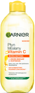 Żółty płyn micelarny Garnier Vitamin C, dla matowej skóry, usuwa makijaż i rozświetla, butelka z przodu.