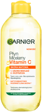 Garnier Płyn Micelarny Vitamin C do cery matowej, rozświetlający, w butelce z żółtym płynem, widok z przodu.