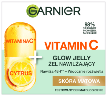 Garnier Vitamin C Glow Jelly Żel Nawilżający. Żółto-zielone opakowanie z cytryną, rozświetla skórę matową.