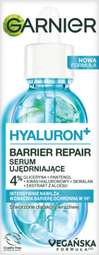 Garnier Hyaluron+ wegańskie serum ujędrniające z kwasem hialuronowym, widok z przodu, białe opakowanie.