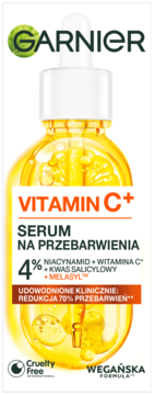Garnier Vitamin C+ Serum na przebarwienia z Niacynamidem i Witaminą C w żółtej butelce z kroplomierzem, widok z przodu.