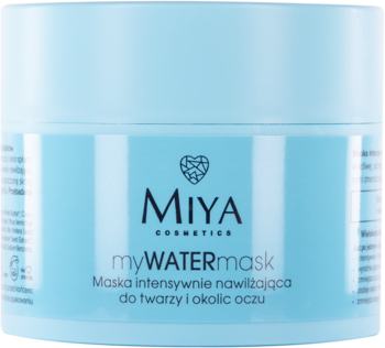 Miya cosmetics myWATERmask, intensywnie nawilżająca maska do twarzy i oczu w jasnoniebieskim słoiku.