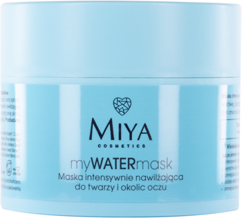 Miya cosmetics myWATERmask, intensywnie nawilżająca maska do twarzy i oczu w jasnoniebieskim słoiku.