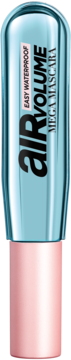 L'Or&#233;al Paris Air Volume Easy Waterproof Mega Mascara, niebieska metallic tubka z r&#243;Źową podstawą, widok z przodu.