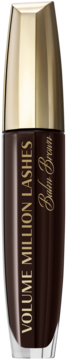 Ciemnobrązowy tusz Volume Million Lashes Balm Brown ze złotą nakrętką, widok z przodu produktu.
